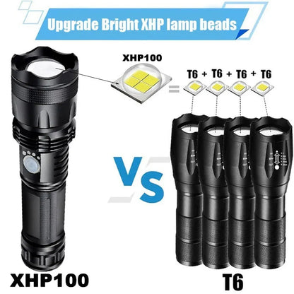 Linterna Led XHP100 de alta potencia, linterna recargable de 4 núcleos con Zoom