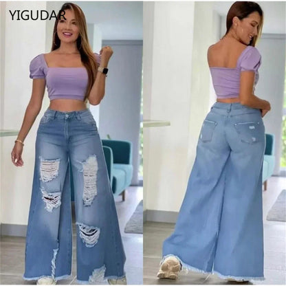 Pantalones rectos vaqueros rasgados de cintura alta.