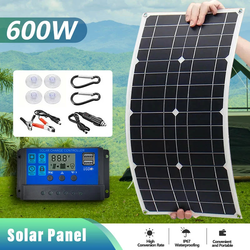 "Panel Solar 600W + Cargador Flexible USB"